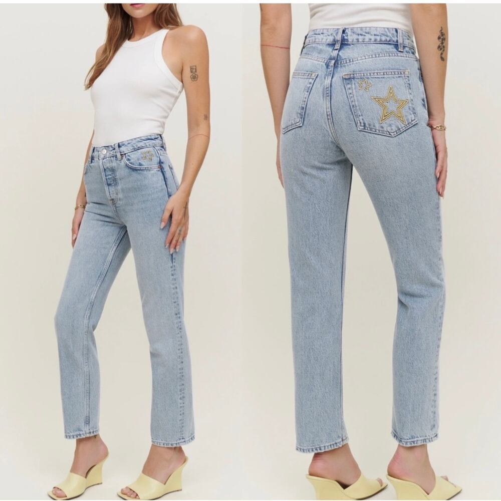 Reformation Jeans Cynthia High Rise Straight Jeans star embroidered sloan